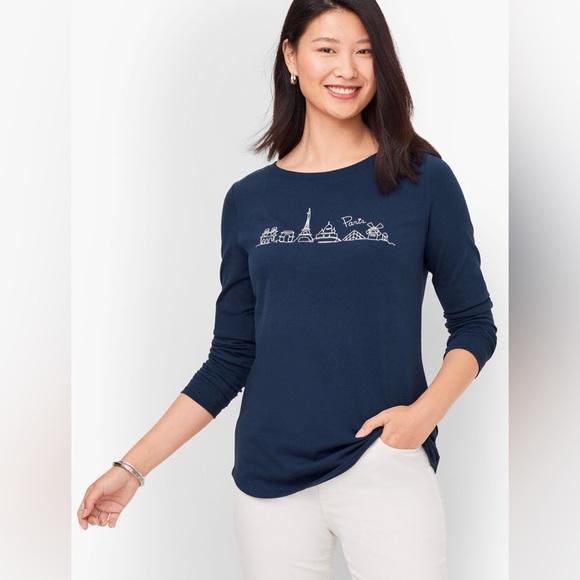 Talbots Tops - TALBOTS NWT 1X XL Embroidered Ballet Neck Paris Tee • Francophile Parisian Blue